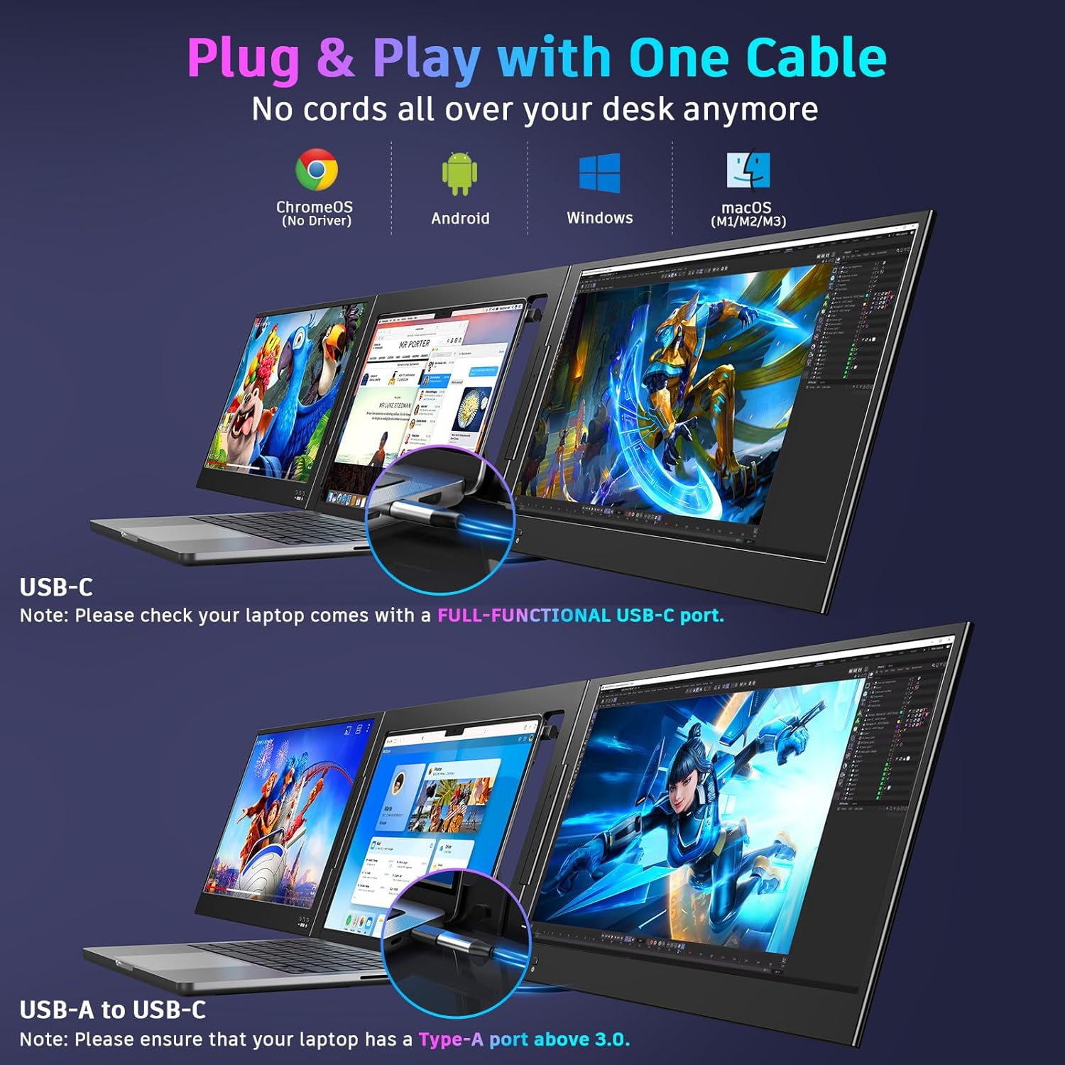 QQH triple portable monitor extender attached to a laptop showing three screens side by side